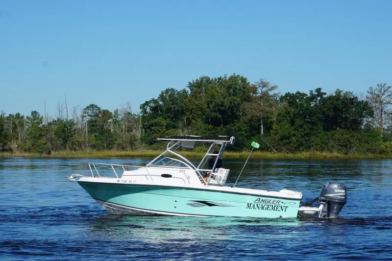The Image of 2008 Angler 220WA boat on calm water with forested shoreline in the background. - 3
