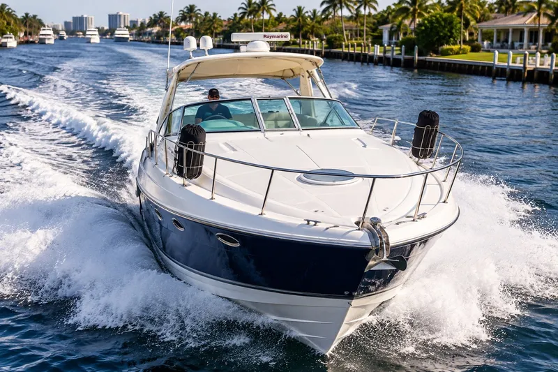 The Image of 2004 Cruisers Yachts 340 Express cruising on a scenic waterway with palm trees. - 0
