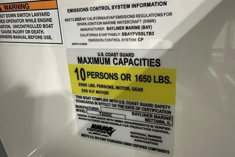 Slide: The Image of Bayliner Trophy T22SC 2025 capacity label: 10 persons or 1650 lbs, 250 HP motor. - 19