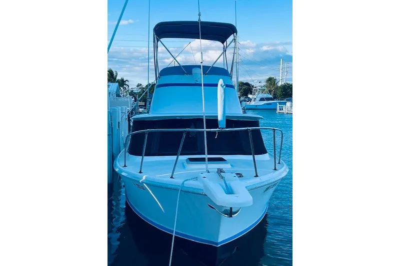 Slide: The Image of 1979 Bertram 31 Flybridge Cruiser docked, featuring classic design and blue accents. - 27
