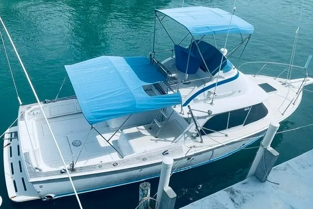 Slide: The Image of 1979 Bertram 31 Flybridge Cruiser with blue canopy docked in clear water. - 28