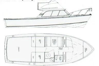 Slide: The Image of 1979 Bertram 31 Flybridge Cruiser, side view and floor plan, classic boat design. - 2