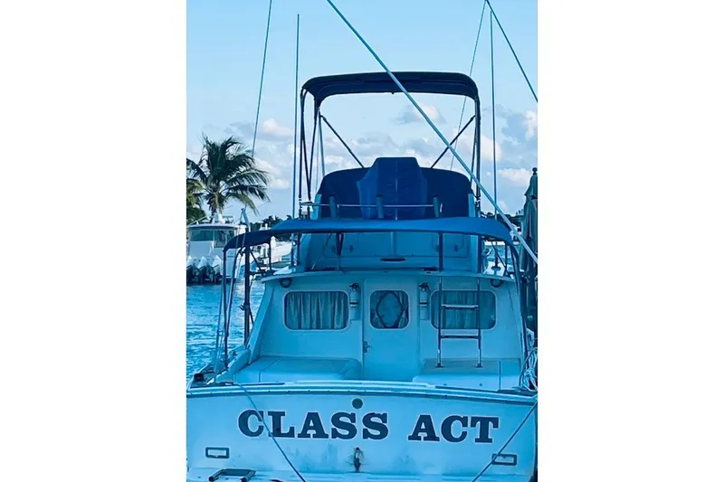 Slide: The Image of 1979 Bertram 31 Flybridge Cruiser named "Class Act" docked by palm trees. - 14