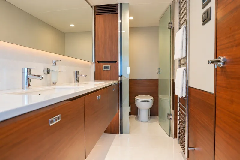 Slide: The Image of Luxurious bathroom in 2021 Princess Y85 yacht with dual sinks and modern fixtures. - 47