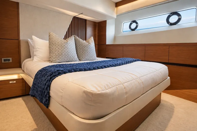 Slide: The Image of Luxurious bedroom interior of 2021 Princess Y85 yacht with elegant bedding and modern design. - 52