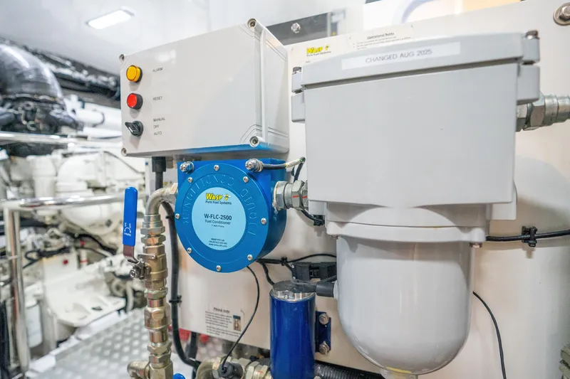 Slide: The Image of Engine room of 2021 Princess Y85 yacht featuring fuel conditioning system. - 70
