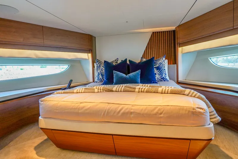 Slide: The Image of Luxurious bedroom interior of 2021 Princess Y85 yacht with elegant bedding and modern design. - 48