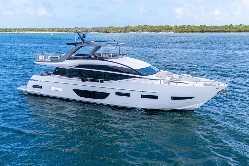 Slide: The Image of Luxurious 2021 Princess Y85 yacht cruising on serene blue waters. - 4