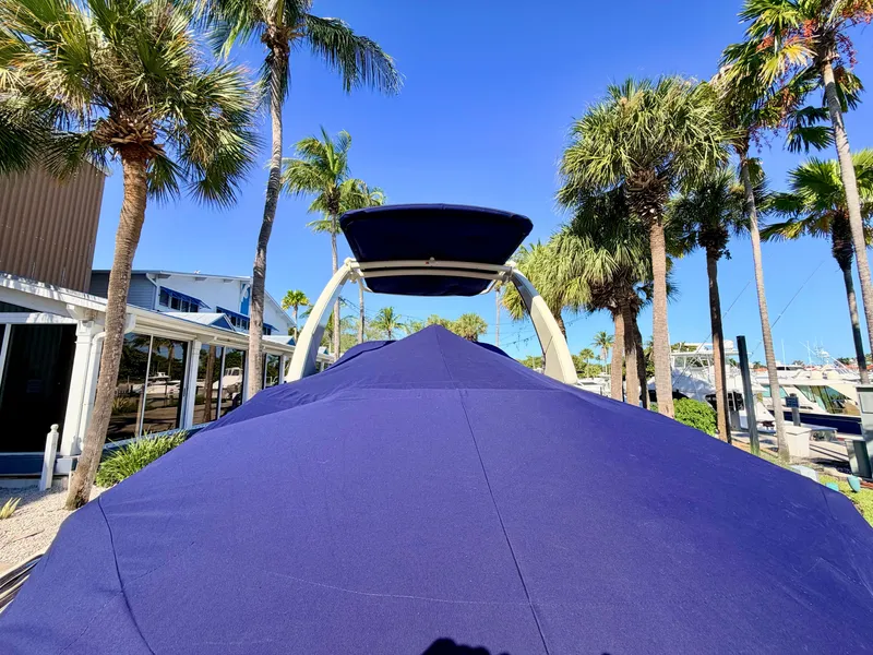 Slide: The Image of A 2019 Chris-Craft Launch 28 GT OB with a blue cover, surrounded by palm trees. - 26