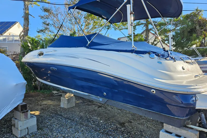 The Image of 2008 Sea Ray 240 Sundeck boat with blue cover, elevated on blocks outdoors. - 0