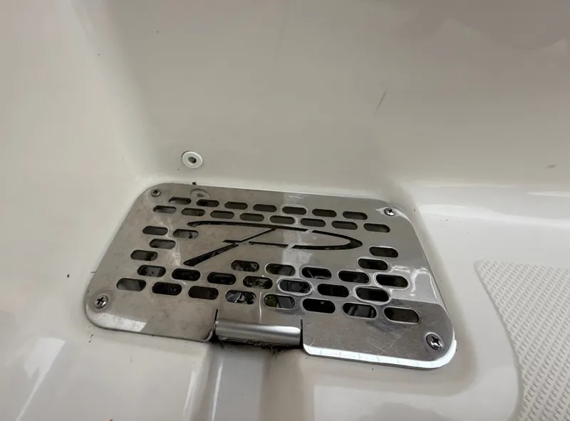 Slide: The Image of Close-up of a metal grate with a stylized "P" logo on a boat. - 32