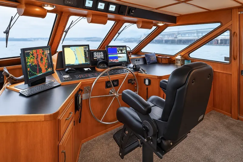 Slide: The Image of Pilothouse interior of 1991 Tollycraft 61 Motor Yacht with navigation equipment and captain's chair. - 25