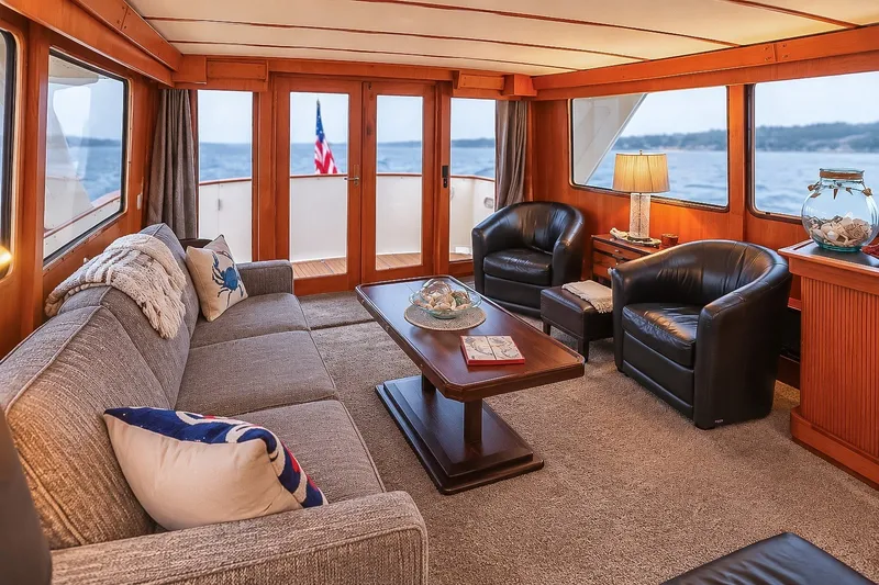 Slide: The Image of Luxurious interior of 1991 Tollycraft 61 Pilothouse Motor Yacht with elegant seating and ocean view. - 13