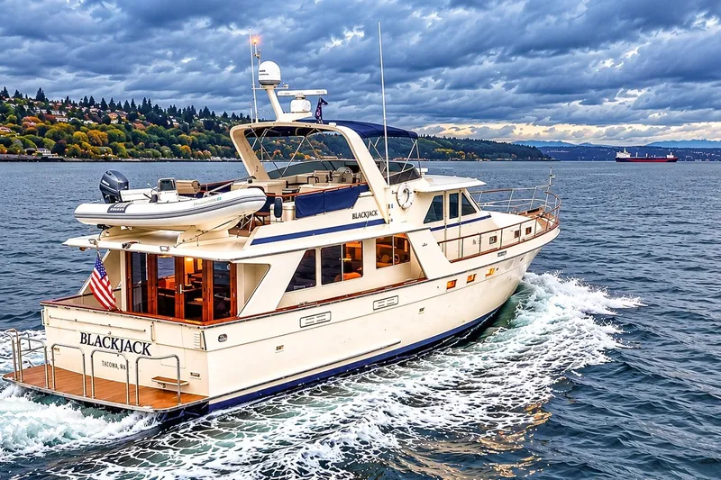 Slide: The Image of 1991 Tollycraft 61 Pilothouse Motor Yacht cruising on scenic waterway under cloudy sky. - 5