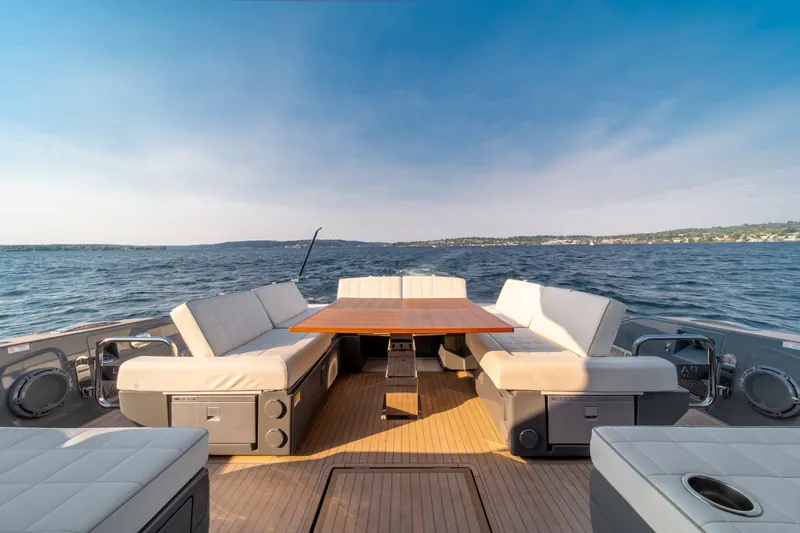 Slide: The Image of 2023 Pardo Yachts GT52 luxury yacht deck with seating and ocean view. - 19