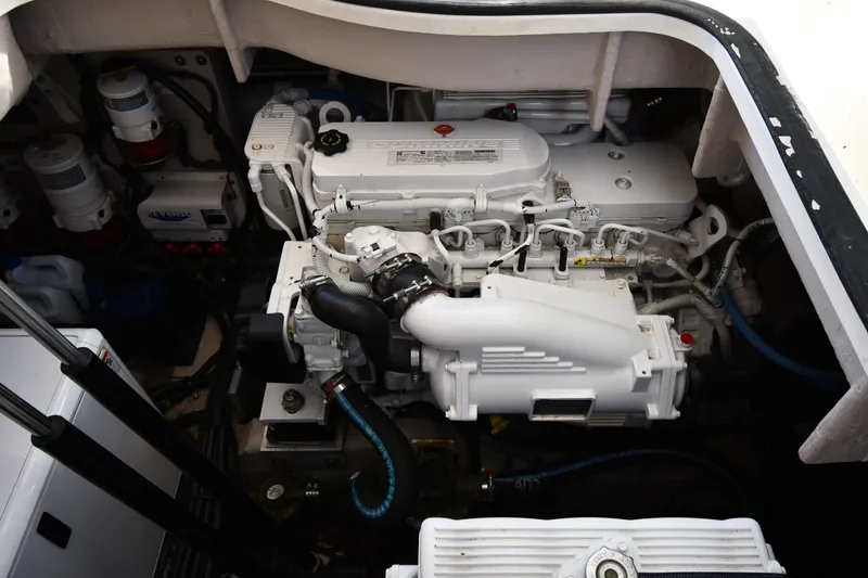 Slide: The Image of Engine compartment of 2017 Sea Ray Sundancer 400 yacht, showcasing mechanical components. - 51