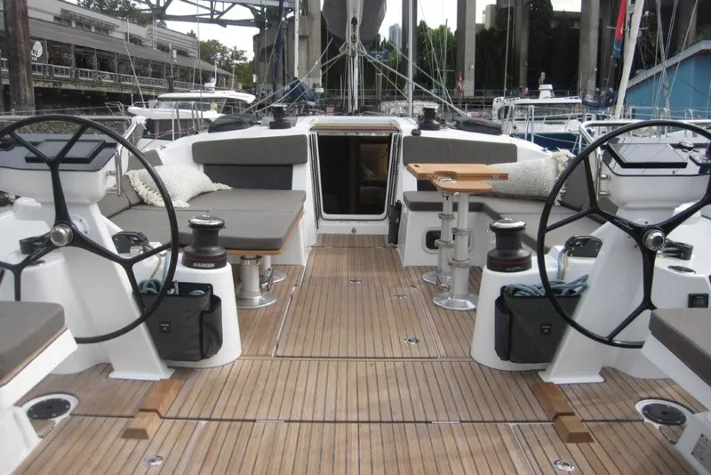 Slide: The Image of 2027 Jeanneau Sun Odyssey 455 yacht cockpit with dual steering wheels and teak decking. - 31