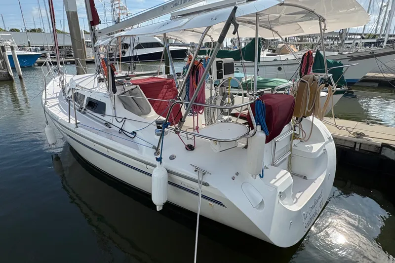 The Image of 2004 Catalina 310 sailboat docked at marina, featuring spacious deck and covered cockpit. - 1