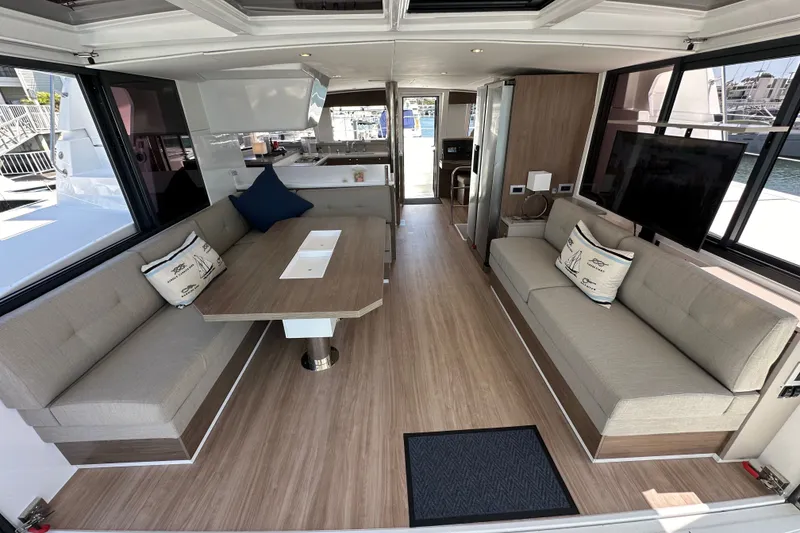 Slide: The Image of Luxurious interior of 2023 Bali 4.4 yacht with modern seating and elegant decor. - 52