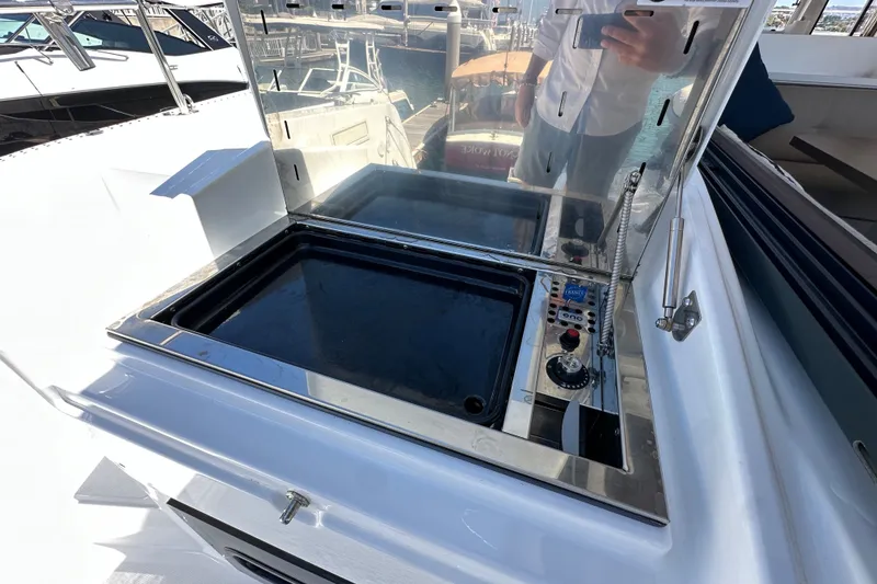 Slide: The Image of Outdoor grill on 2023 Bali 4.4 yacht deck, featuring stainless steel finish. - 114