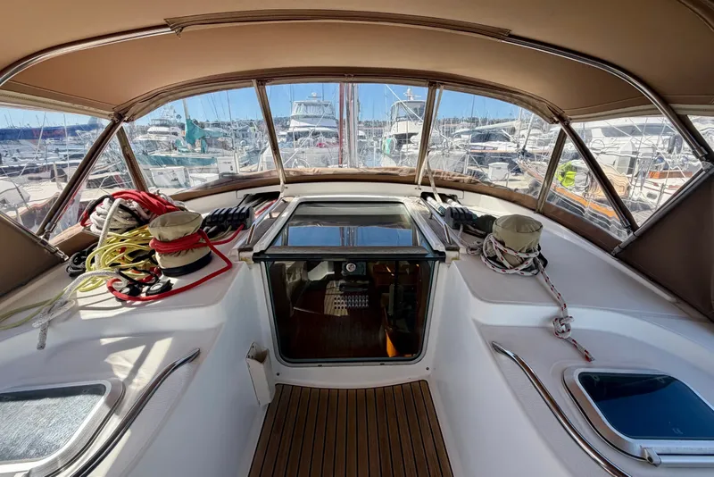 Slide: The Image of Cockpit view of 2008 Jeanneau Sun Odyssey 49 DS sailboat in marina. - 30