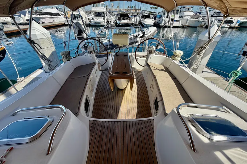 Slide: The Image of Cockpit of 2008 Jeanneau Sun Odyssey 49 DS yacht docked at marina. - 31