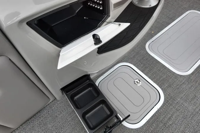 Slide: The Image of Interior features of 2025 Barletta LUSSO 25UCAT, showcasing storage compartments and sleek design. - 6