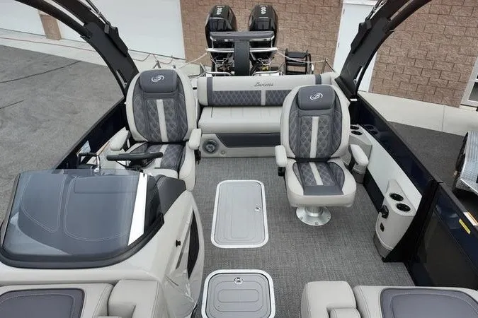 Slide: The Image of Luxurious 2025 Barletta LUSSO 25UCAT pontoon boat interior with plush seating and modern design. - 4