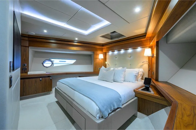 Slide: The Image of Luxurious bedroom interior of 2018 Sunseeker 86 Yacht with modern design and ambient lighting. - 39