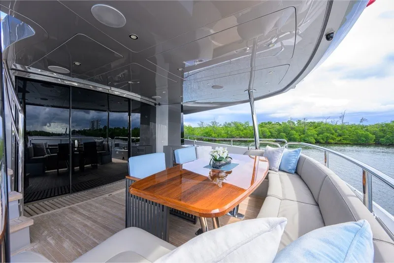 Slide: The Image of Luxurious Sunseeker 86 Yacht 2018 with elegant outdoor seating and dining area. - 11