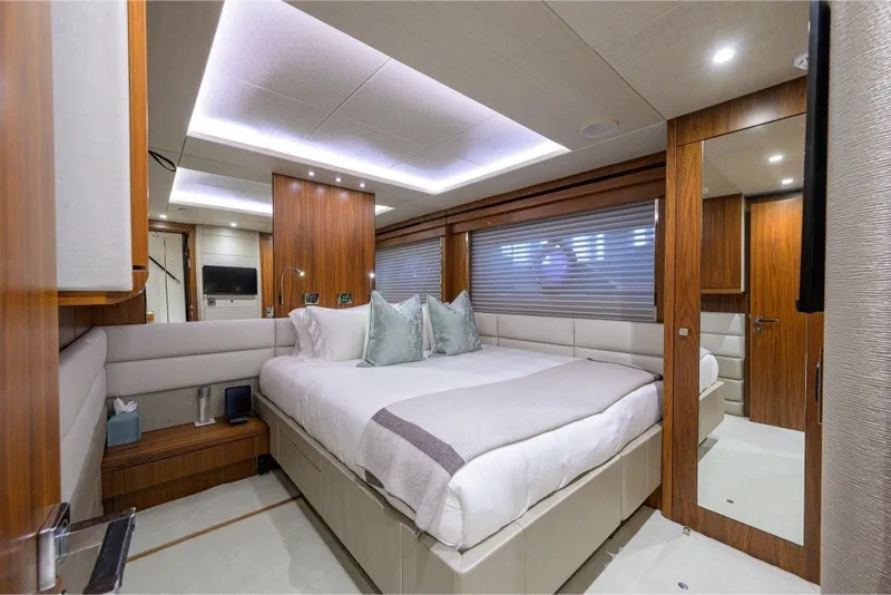 Slide: The Image of Luxurious bedroom interior of 2018 Sunseeker 86 Yacht with modern design and ambient lighting. - 44