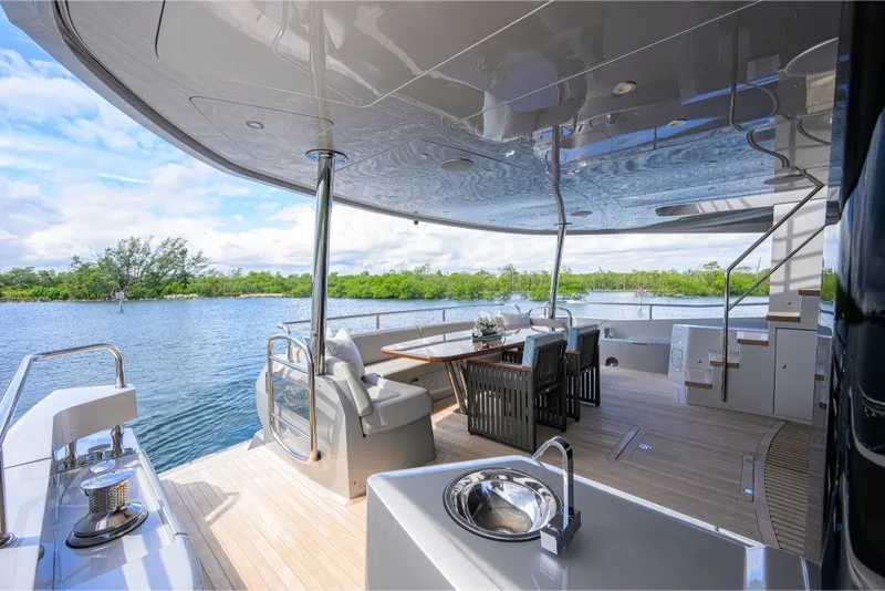 Slide: The Image of Luxurious 2018 Sunseeker 86 Yacht deck with elegant seating and scenic water view. - 9