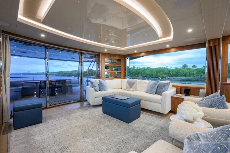 Slide: The Image of Luxurious interior of 2018 Sunseeker 86 Yacht with elegant seating and scenic views. - 15