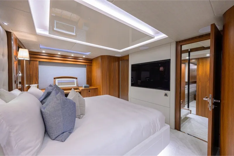 Slide: The Image of Luxurious bedroom interior of 2018 Sunseeker 86 Yacht with modern design and elegant furnishings. - 30