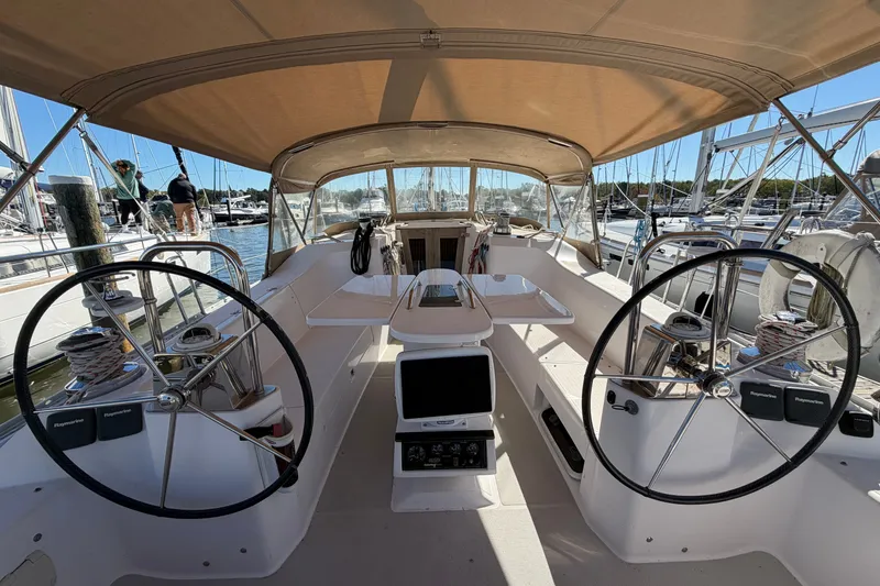 Slide: The Image of Interior view of a 2014 Catalina 445 sailboat cockpit with dual steering wheels. - 18