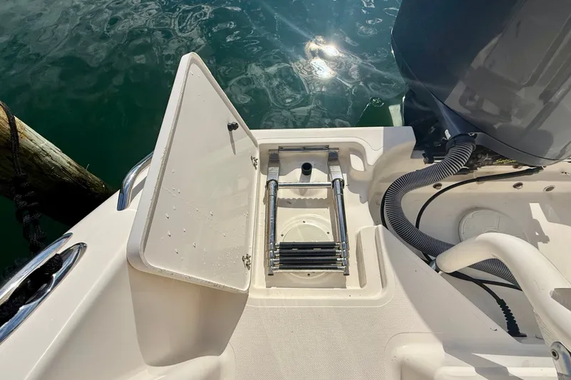 Slide: The Image of 2011 Pursuit DC 265 Dual Console boat with open hatch and ladder by the water. - 27