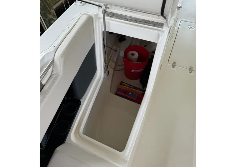 Slide: The Image of 2019 Boston Whaler 270 Vantage storage compartment with cleaning supplies and accessories. - 27
