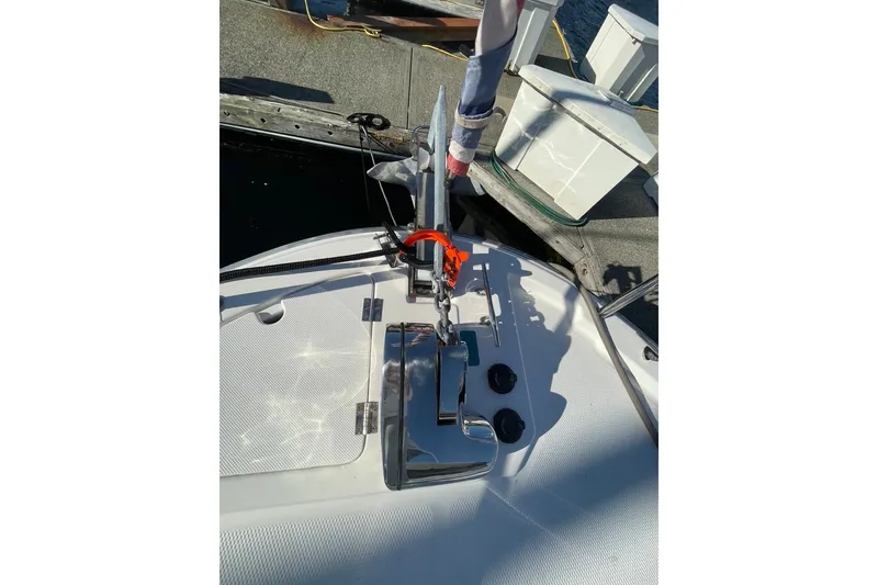 Slide: The Image of 2018 Ranger Tug R-27 boat anchor and deck details at dock. - 38