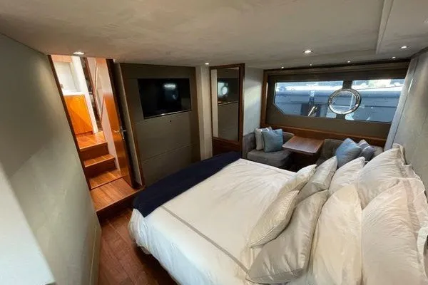 Slide: The Image of Luxurious bedroom interior of 2016 Sunseeker Predator 57 yacht with modern decor. - 52