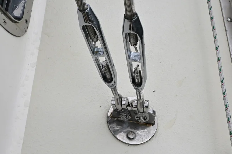 Slide: The Image of Close-up of rigging hardware on a 2001 Caliber 40 LRC sailboat deck. - 12