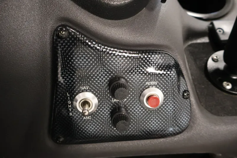Slide: The Image of Control panel of 2019 Tracker Pro 170 boat with switches and horn button. - 25