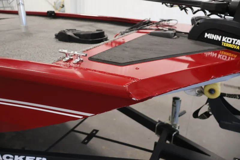 Slide: The Image of 2019 Tracker Pro 170 boat with Minn Kota Terrova motor, red hull detail. - 39