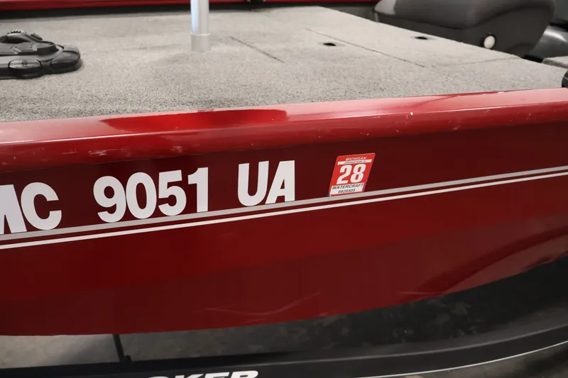 Slide: The Image of Red 2019 Tracker Pro 170 boat with registration number MC 9051 UA and Michigan sticker. - 37