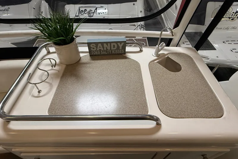Slide: The Image of 2004 Cruisers Yachts 405 Express Motoryacht interior with countertop, plant, and decorative sign. - 13