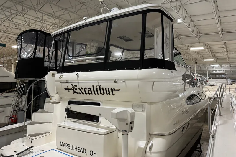 Slide: The Image of 2004 Cruisers Yachts 405 Express Motoryacht "Excalibur" docked indoors, Marblehead, Ohio. - 7