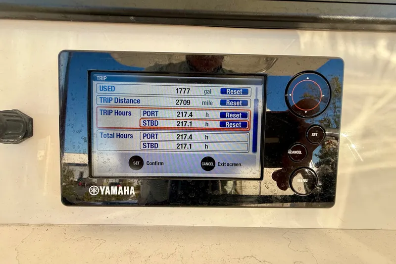 Slide: The Image of Yamaha display showing trip data on a 2018 Jupiter 30 HFS boat. - 11