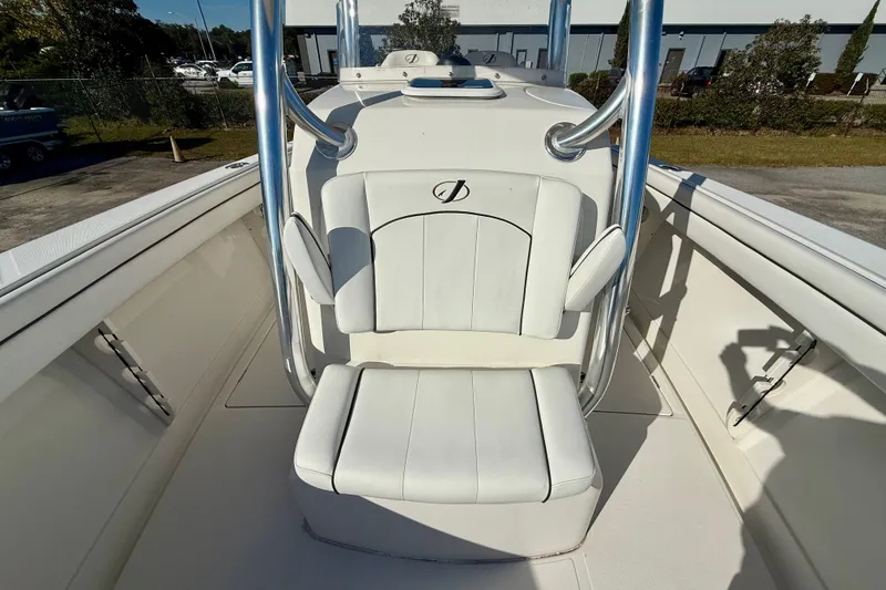 Slide: The Image of 2018 Jupiter 30 HFS boat interior with white seating and stainless steel frame. - 5
