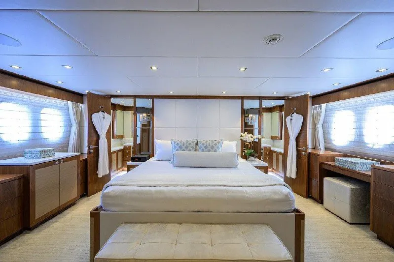 Slide: The Image of Luxurious bedroom interior of 2018 Hargrave Raised Pilothouse yacht, featuring elegant furnishings and decor. - 38