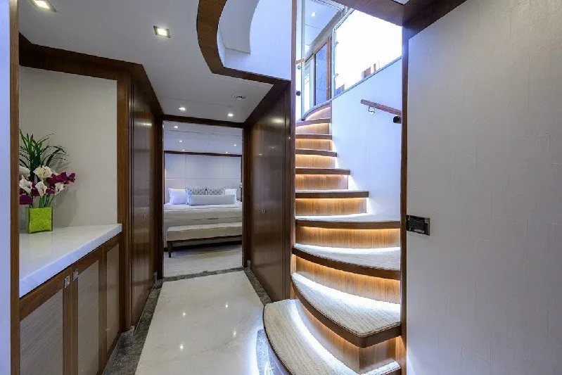 Slide: The Image of Luxurious interior of 2018 Hargrave Raised Pilothouse yacht with elegant staircase and modern design. - 37