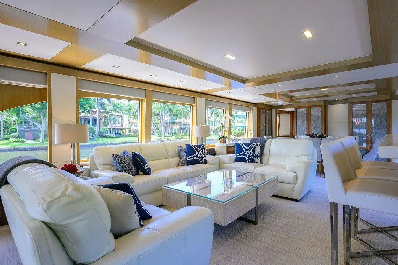 Slide: The Image of Luxurious interior of 2018 Hargrave Raised Pilothouse yacht with elegant seating and large windows. - 21